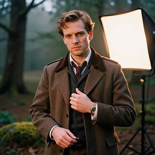Photograph of a handsome, serious-looking man with wavy brown hair, wearing a brown tweed jacket, black vest, and tie, standing in