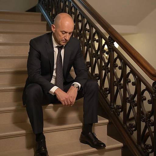 Pensive Man in Suit Sitting on Stairs