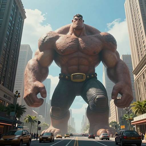 Photorealistic CGI of a massive, muscular, shirtless man with dark skin and black pants, standing in a city street, towering over skyscrap