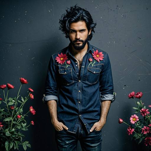Man in Dark Casual Floral Shirt with Rolled Sleeves
