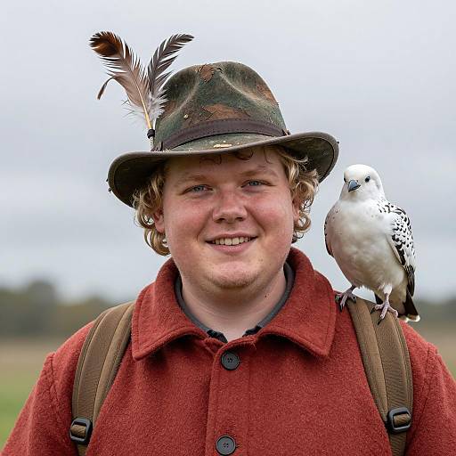 Man with Feathered Hat and White Bird on Shoulder