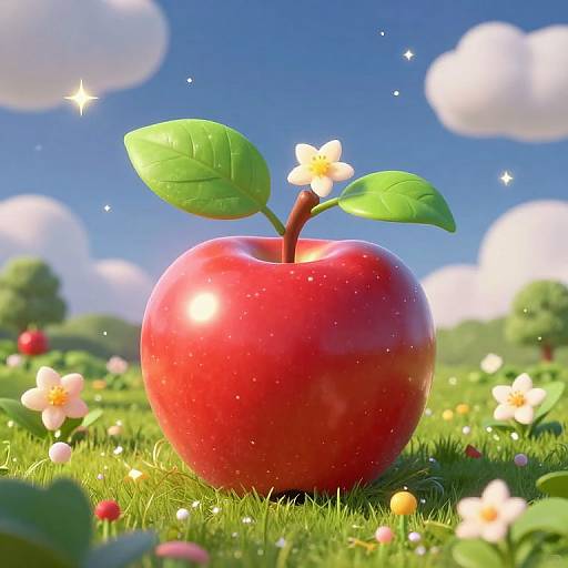 Photorealistic CGI image of a shiny red apple with a green leaf and small flower, set in a vibrant, sunny meadow with colorful flowers and