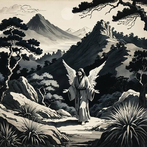 Ink Wash Painting of Angelic Jesus in Garden
