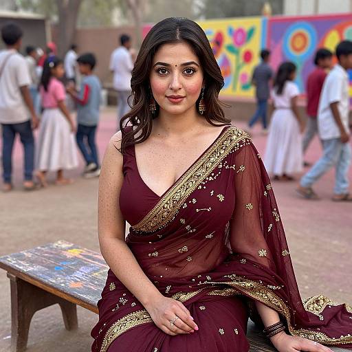 Photograph of a curvy South Asian woman with dark hair, wearing a maroon saree with gold embroidery, sitting outdoors at a colorful, busy