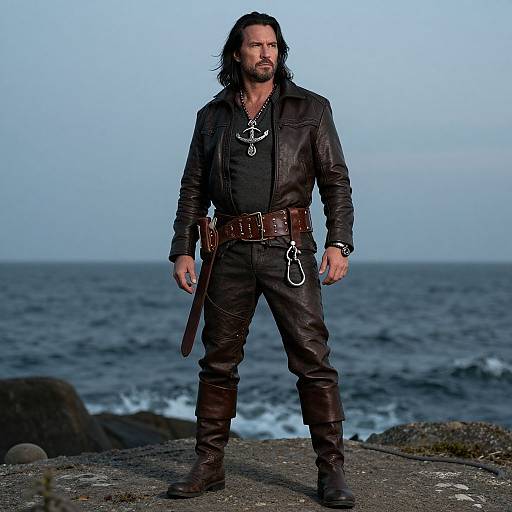 Photograph of a rugged, bearded man with long dark hair, wearing a black leather jacket, pants, and brown belt with silver chain, standing