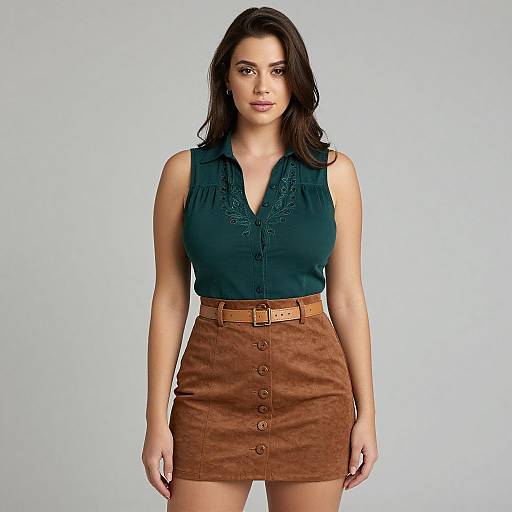 Photograph of a brunette woman with wavy hair, wearing a teal sleeveless blouse and brown button-up suede skirt, standing against a plain white background