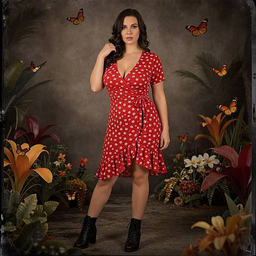 Photograph of a curvy woman with long black hair, wearing a red polka dot dress, black boots, standing in a jungle-like setting with