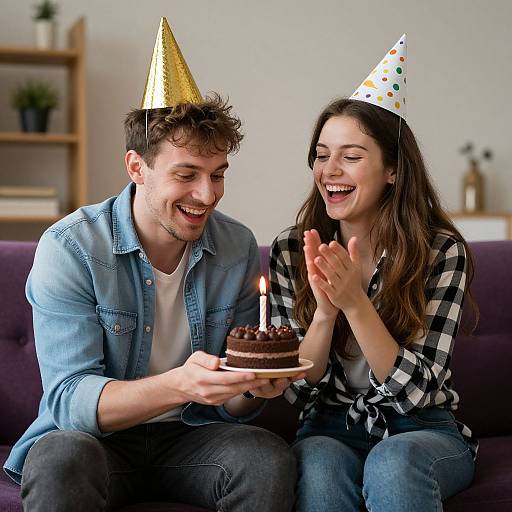 Photograph of a smiling couple on a purple couch, wearing party hats, celebrating with a chocolate cake and lit candles.