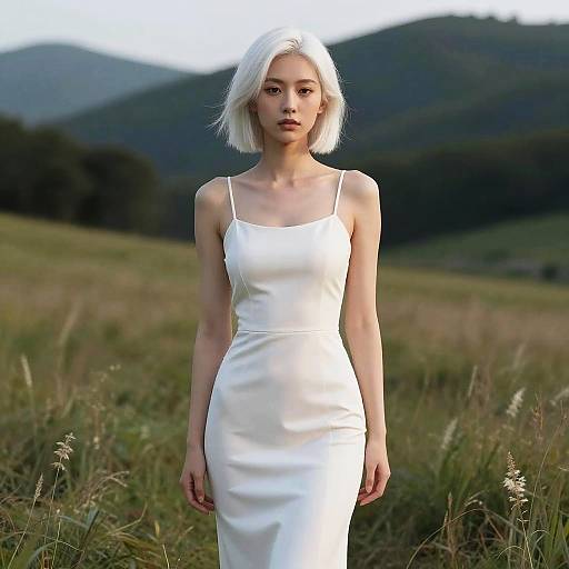 Slim Woman in White Dress in Natural Landscape