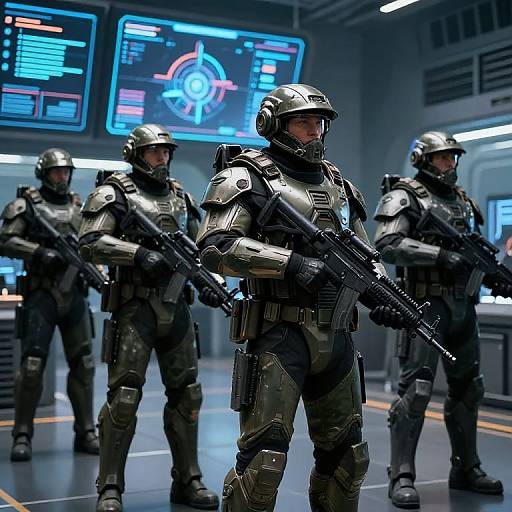 CGI image of four armored soldiers in futuristic helmets, holding rifles, standing in a high-tech, neon-lit room with holographic displays.