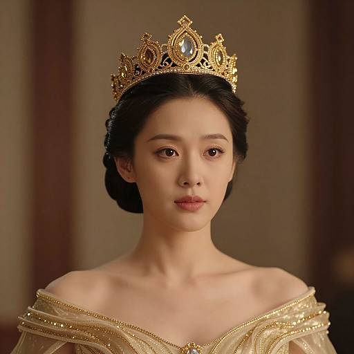 Photograph of an East Asian woman with fair skin, black hair in an updo, wearing a gold ornate crown and off-shoulder,