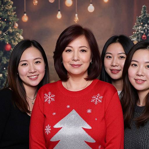 Photograph of four smiling Asian women, centered in front of Christmas trees with hanging lights; central woman wears red sweater with silver Christmas tree design.