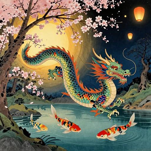 Vibrant digital illustration of a colorful dragon with fiery mane, swimming in a pond with orange and white koi fish, surrounded by cherry blossoms