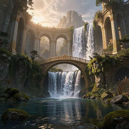 Digital fantasy artwork of a grand, ancient stone arch bridge spanning a majestic waterfall, surrounded by lush greenery and towering cliffs. Sunlight filters through the