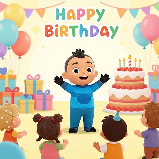 Digital cartoon of a chubby, smiling boy in blue, leading birthday celebration with 