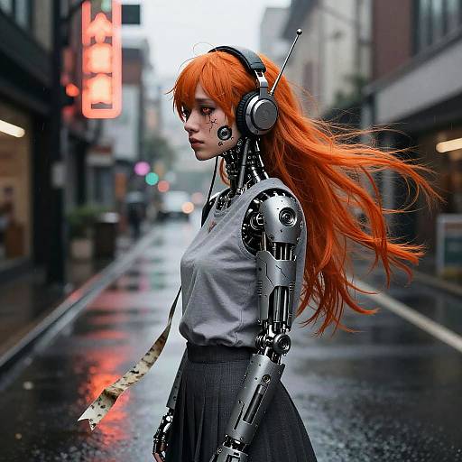 Orange-Haired Android in Rainy City Street