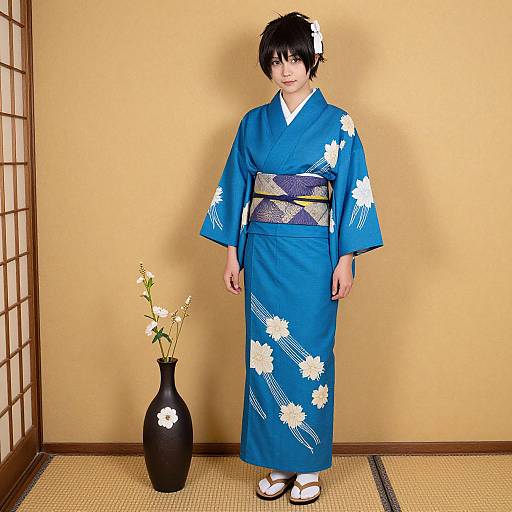 Photograph of a young Asian man with short black hair, wearing a blue kimono with white floral patterns, standing in a traditional Japanese room, beside