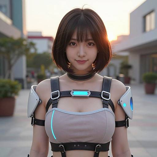 Photorealistic digital image of an Asian woman with short black hair, wearing a futuristic, glowing harness top, standing in a sunlit urban courtyard.
