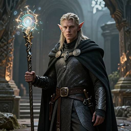 Photorealistic CGI of a stern, blonde, elf warrior with pointed ears, holding a glowing, magical staff in a dark, ancient cathedral.