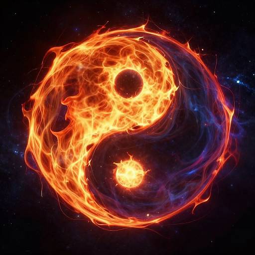Digital artwork of a fiery yin-yang symbol with two bright, glowing suns, set against a dark, starry space background.