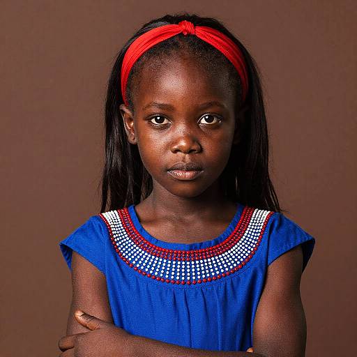 Photograph of a young African girl with dark skin, long black hair, red headband, blue dress with red and white beaded collar, arms