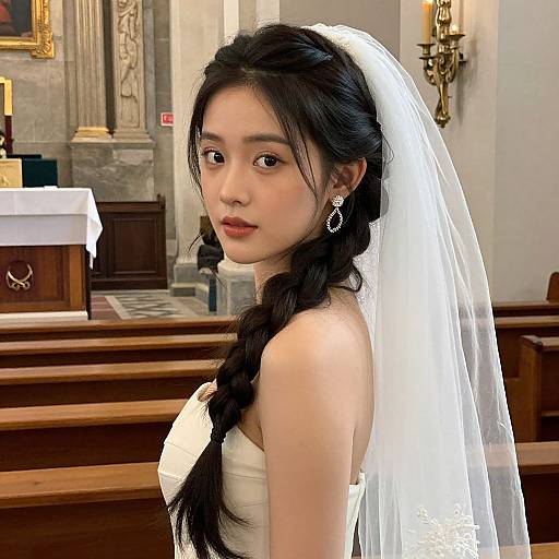 Photograph of an Asian bride with long black hair in a braid, wearing a white dress and veil, adorned with silver earrings, in a church