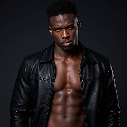 Muscular Black Man in Leather Jacket