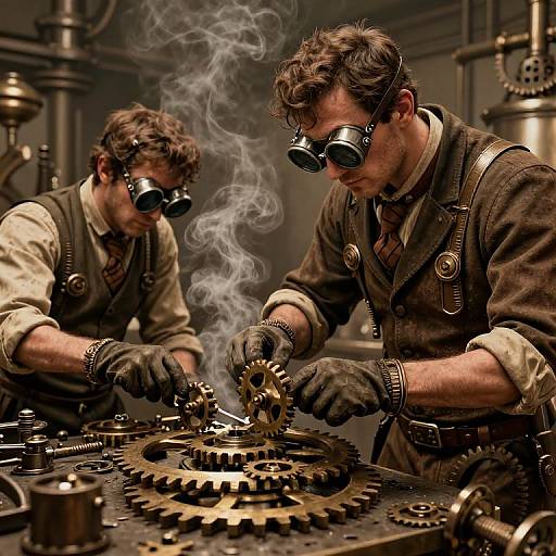 Steampunk photograph of two men in goggles and brown vests, assembling intricate gears with smoke rising, in a dimly lit, industrial workshop.