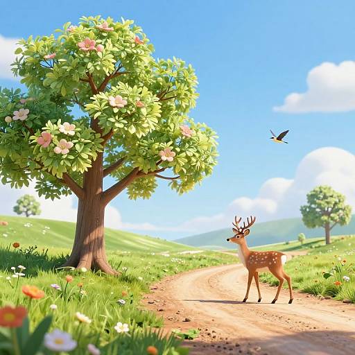Colorful digital illustration of a sunny meadow with a deer standing on a dirt path, a tree with pink flowers, and a flying bird against a