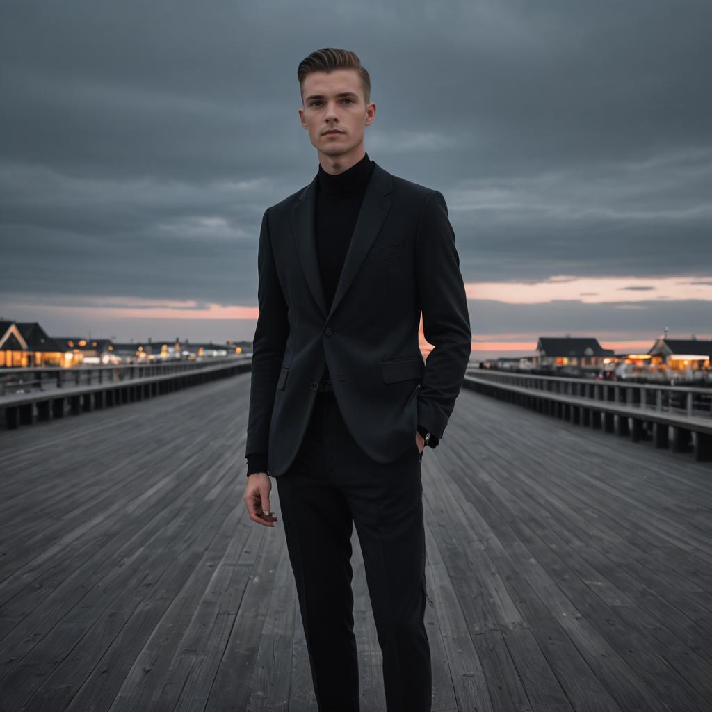 Stylish Seaside Man in Monochrome Attire