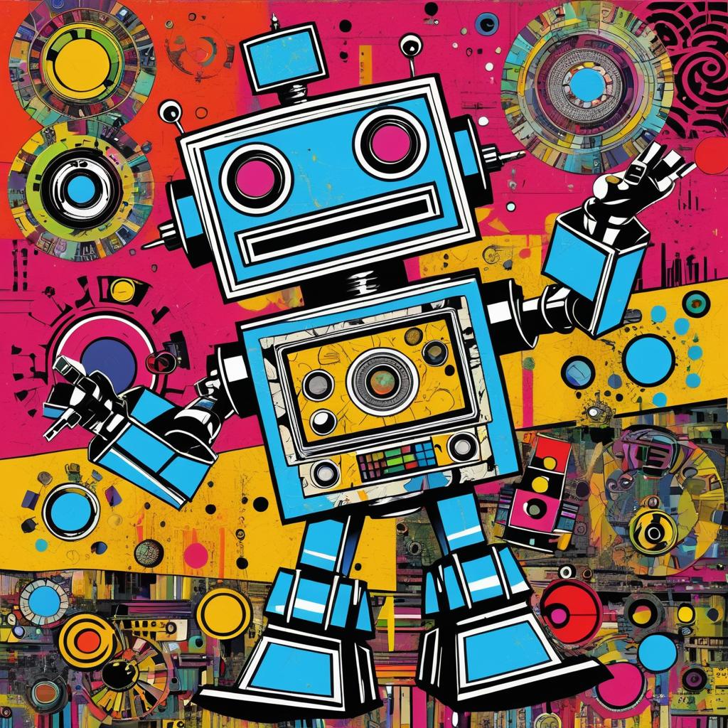 Retro Robot Dance in Mixed Media Art