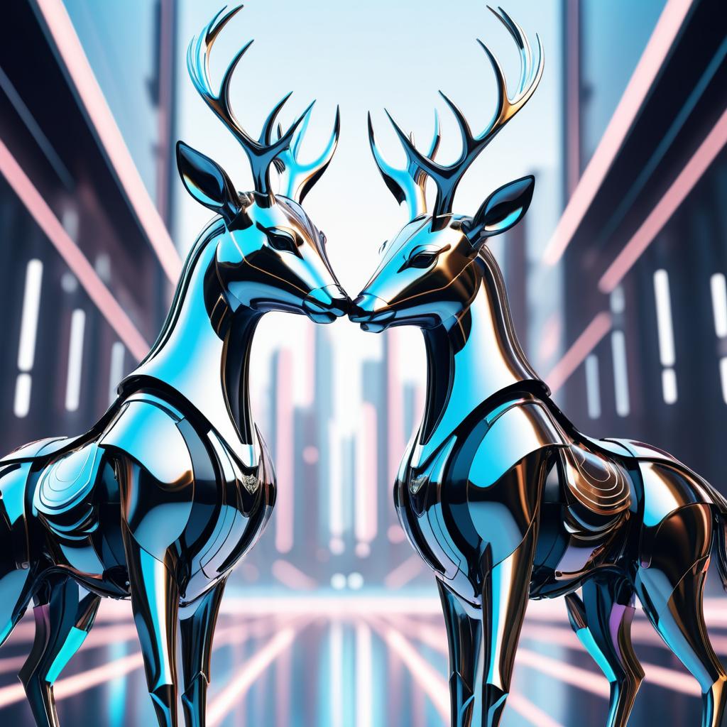 Futuristic Robot Deer Kissing Close-Up