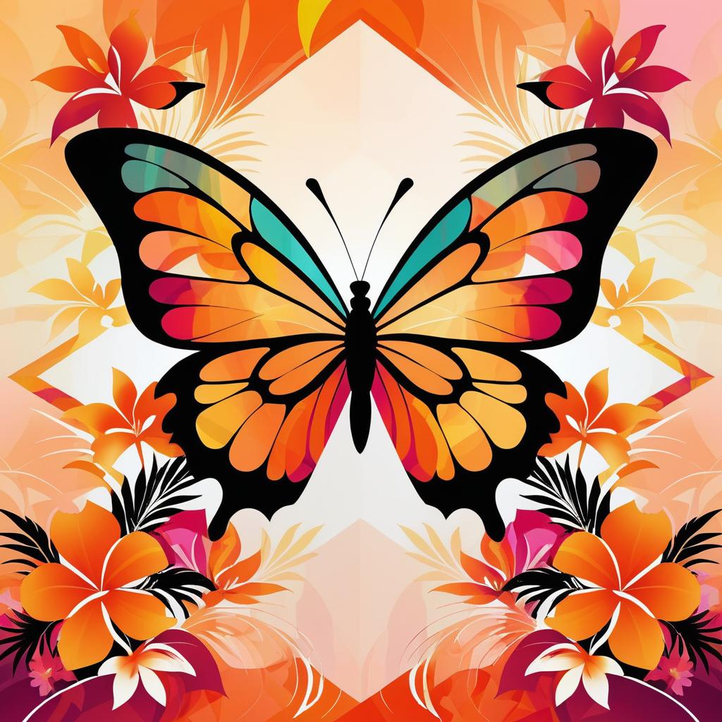 Tropical Floral Abstract with Geometric Butterfly