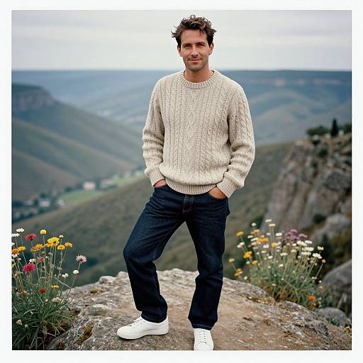 Photograph of a handsome man with short brown hair, wearing a cream knit sweater, dark jeans, and white sneakers, standing confidently on a rocky mountain