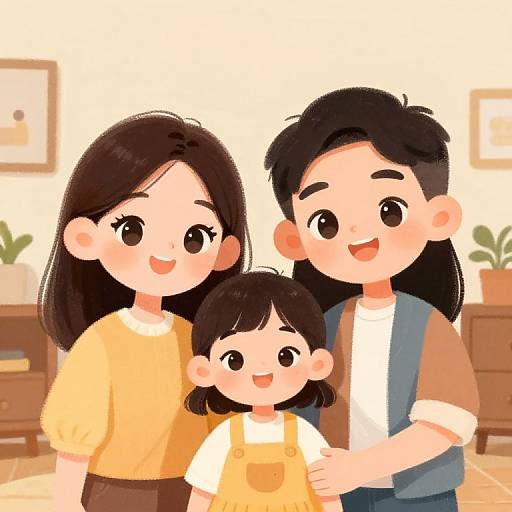 Digital anime-style illustration of a happy family: black-haired mother in yellow shirt, black-haired father in blue vest, and black-haired child in yellow over