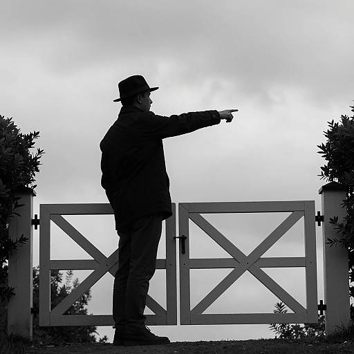 Silhouetted Man Pointing Near White Gate