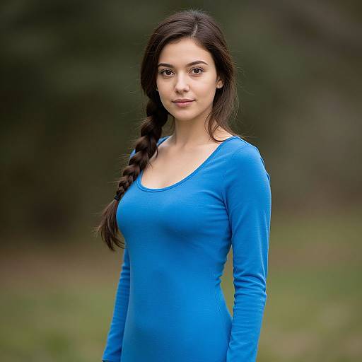 Photograph of a young woman with long dark hair in a braid, wearing a fitted blue long-sleeve shirt, standing outdoors with a blurred