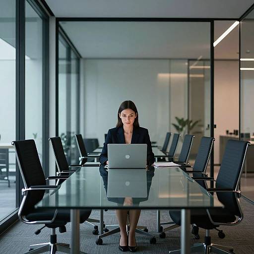 Photograph of a serious-looking woman with straight black hair, wearing a black blazer and black dress, sitting at a glass conference table with black chairs