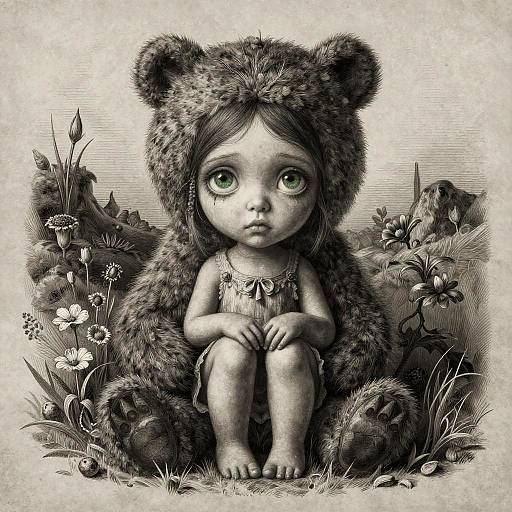 Ink-style digital drawing of a sad-eyed, baby-like doll with large green eyes, wearing a fuzzy bear hat and dress, sitting in a floral