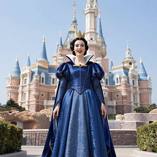 Digital art of a fairytale princess in a blue, intricately patterned gown with puffed sleeves, gold crown, and red lipstick, standing