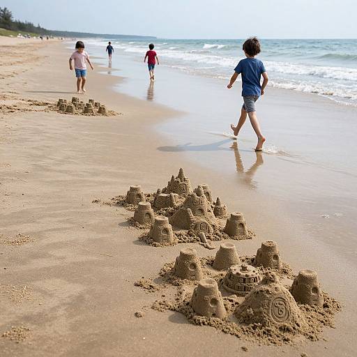 Photograph of a sandy beach with four children building sandcastles; foreground shows detailed sandcastles, background features kids playing near ocean waves under clear