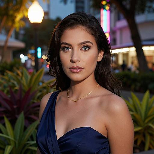 Photograph of a young woman with fair skin, dark wavy hair, blue eyes, wearing a navy blue one-shoulder dress and gold necklace