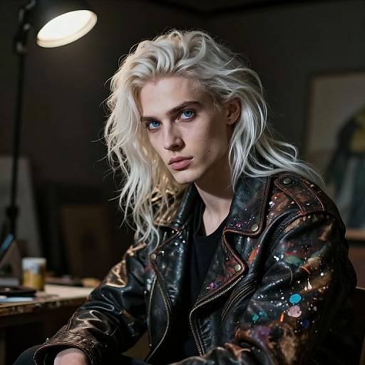Photograph of a pale-skinned, blue-eyed woman with wild platinum blonde hair, wearing a sparkling, galaxy-patterned leather jacket, seated under a