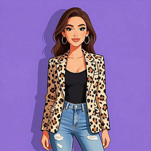 Digital illustration of a confident woman with long brown hair, wearing a leopard print blazer, black tank top, and ripped jeans, against a purple background