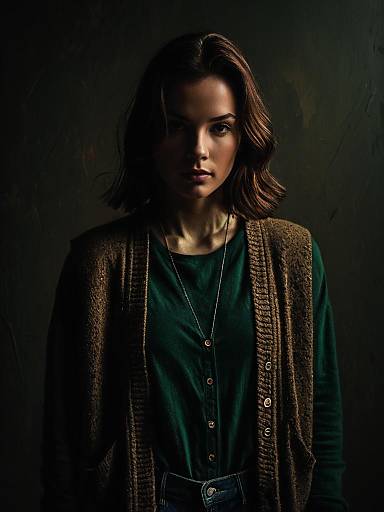 Portrait of Woman in Casual Green Shirt and Brown Cardigan