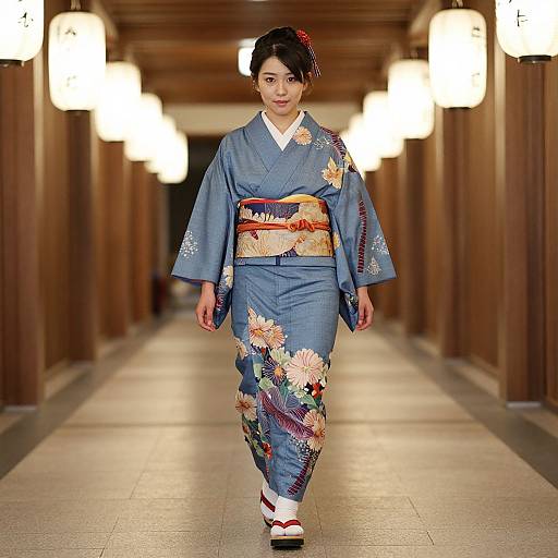 Photograph of an Asian woman in a blue floral kimono with a red and gold obi, walking down a wooden corridor with illuminated lanterns.