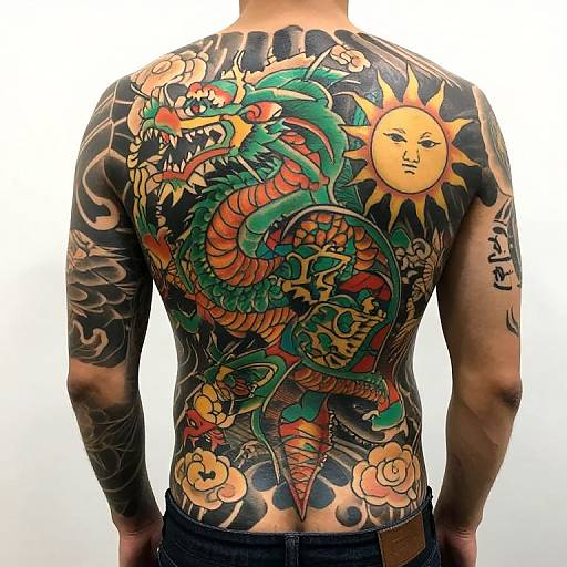 Photograph of a shirtless man with intricate, colorful back tattoo of a dragon and sun, surrounded by flowers and clouds.