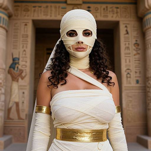 Photograph of a woman with dark curly hair, wrapped in white bandages and gold accessories, wearing an Egyptian mummy costume, standing in front of