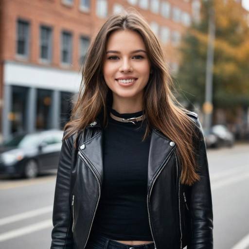 Smiling Woman in Black Leather Jacket on Street