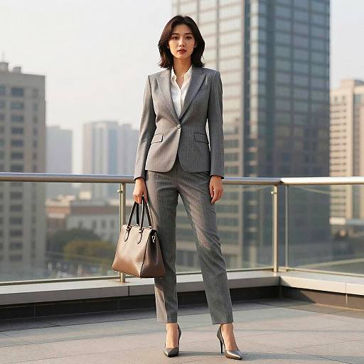 Photograph of an Asian woman with shoulder-length black hair, wearing a gray pinstripe suit, white shirt, black heels, and carrying a brown
